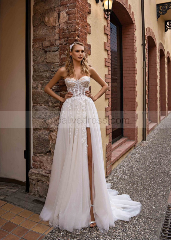 Strapless Beaded Ivory Lace Tulle Slit Sexy Wedding Dress Strapless Beaded Ivory Lace Tulle Slit Sexy Wedding Dress